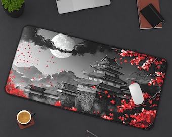 Japanese Castle Mouse Pad: Riverside Full Moon Gaming Desk Mat