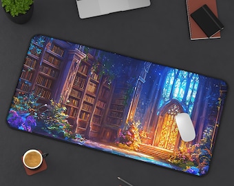 May include: A rectangular mouse pad featuring a fantasy library scene with bookshelves, a stained-glass window, and vibrant flowers. The pad has a black border and a white computer mouse is on the right side.