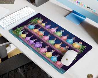 May include: A purple and blue mouse pad with a design of colorful potion bottles on a wooden shelf. The bottles are filled with different colored liquids and have swirling designs.