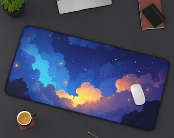 Alfombrilla de escritorio con diseño de nubes y cielo nocturno: alfombrilla extendida para juegos, decoración celestial para la oficina