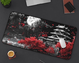 Japanese Castle Mouse Pad: Red Sakura Tree, Full Moon Gaming Desk Mat