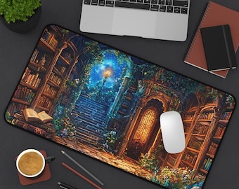 May include: A fantasy-themed mousepad with a detailed illustration of a grand library with a glowing archway, bookshelves, and a staircase leading up to a moonlit sky. The mousepad is perfect for gamers and anyone who loves fantasy art.