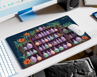 May include: A dark blue mousepad with a shelf full of colorful potion bottles, surrounded by lush green foliage and orange flowers. The text "ART 137" is in the top right corner.