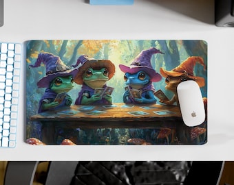 May include: Four frogs wearing wizard hats are sitting at a table playing cards in a forest setting. The frogs are green, blue, and orange. The table is wooden and has a green cloth on it. The cards are spread out on the table. The forest is lush and green.