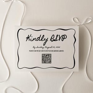 Sött OSA-bröllopskort med kantmall, redigerbart retro bröllopssvarskort, svart nyckfullt QR-kod online-svarsinlägg, BWWB