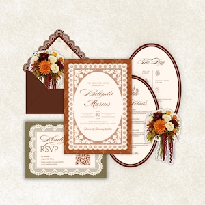 May include: A wedding invitation suite featuring a rectangular invitation, an oval card, and a rectangular RSVP card with a QR code. The stationery displays a brown and cream color palette with intricate white lace-style borders and floral accents.