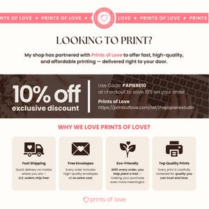 The Papiere Studio is an official partner of Prints of Love, making it easy to professionally print your templates with confidence. Customers can enjoy 10% off their order using the exclusive code PAPIERE10 at checkout. Every order comes with free high-quality envelopes, fast shipping (U.S. orders ship free), and is eco-friendly—a tree is planted with every purchase. The link to order is also included: https://printsoflove.com/ref/thepapierestudio.