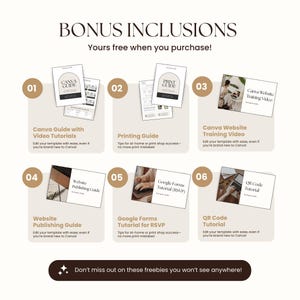 Image highlighting 6 bonus resources included with purchase: Canva editing guide, printing guide, website publishing guide, Canva website training video, Google Forms RSVP tutorial, and QR code tutorial. Designed to help buyers confidently customize and publish their templates.