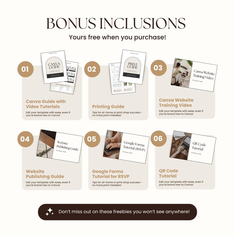 Image highlighting 6 bonus resources included with purchase: Canva editing guide, printing guide, website publishing guide, Canva website training video, Google Forms RSVP tutorial, and QR code tutorial. Designed to help buyers confidently customize and publish their templates.