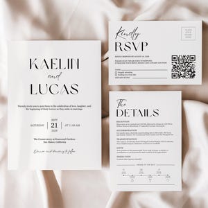 May include: A set of elegant wedding stationery in black and white. The invitation features the names "Kaelin and Lucas" and event details. RSVP and details cards are also included, with QR codes and event information.