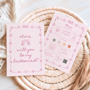 Bridesmaid Info Card Whimsical, Personalized Wedding Card for Maid of Honor, Bridesmaid Proposal Template, Hand Drawn Bow Be My Bridesmaid