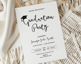 Classic Graduation Party Invitation, Customizable Grad Invite Template, Script Graduation Announcement Invite, Minimalist Graduation Card