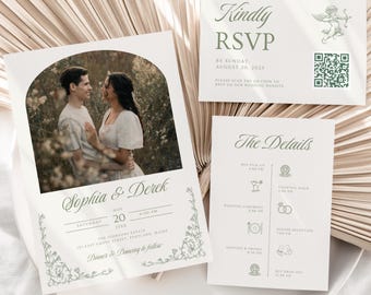 Mini invitación de boda con vegetación, plantilla botánica, tarjeta con detalles de boda verde salvia, tarjeta de boda bohemia, GWB01