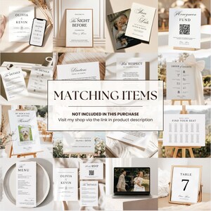 Looking for matching items to complete your wedding suite? This image showcases all the coordinating templates available in the Minimalist Wedding Bundle—think invitations, RSVP cards, save the date, menus, seating charts, welcome signs, and more. These modern, black and white designs are not included in this purchase, but you can find them all in the shop to create a seamless, elegant wedding look.