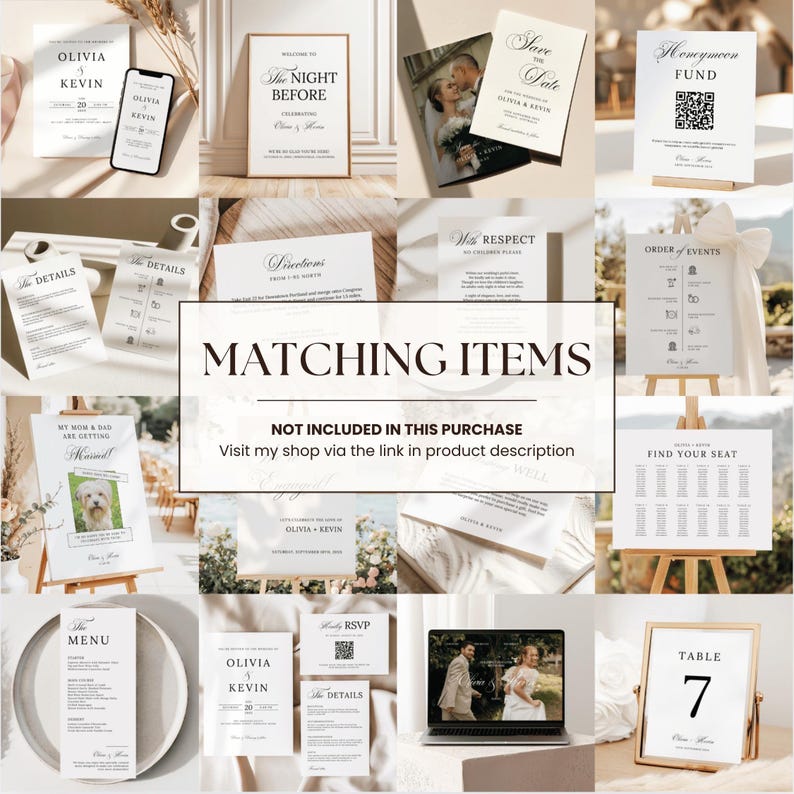 Looking for matching items to complete your wedding suite? This image showcases all the coordinating templates available in the Minimalist Wedding Bundle—think invitations, RSVP cards, save the date, menus, seating charts, welcome signs, and more. These modern, black and white designs are not included in this purchase, but you can find them all in the shop to create a seamless, elegant wedding look.
