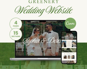 Site Web de mariage en toile vert sauge, site Web de mariage de verdure vintage, RSVP, invitation de mariage numérique, réservez la date, site Web réactif, GWB01