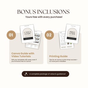 Graphic showcasing bonus inclusions with every purchase: a Canva editing guide with video tutorials, a professional printing guide.