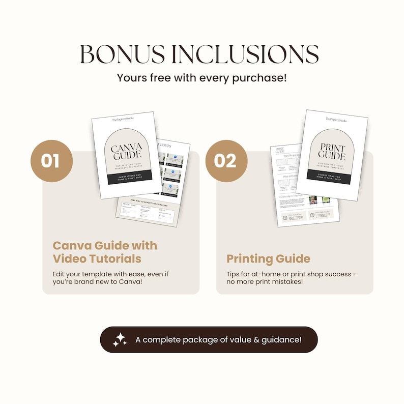 Graphic showcasing bonus inclusions with every purchase: a Canva editing guide with video tutorials, a professional printing guide.