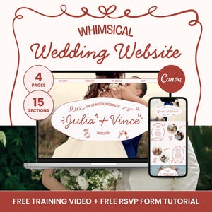 May include: A digital wedding website template displayed on a laptop and smartphone screen. The design features the text "The Whimsical Wedding of Julia + Vince" with a date of 08.28.2025, 4 pages, 15 sections, and a Canva logo. The layout includes red accents.