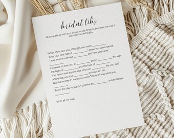 Modèle de jeu Mad Libs nuptiale minimaliste imprimable carte de jeu drôle de douche nuptiale Couples modifiables jeu histoire d'amour jeu de fête Mad Libs poules
