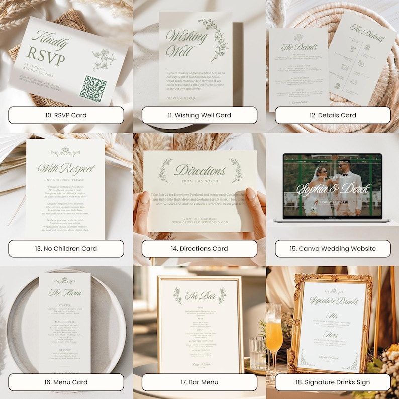 Second grid image showcasing RSVP card, wishing well card, directions and menu cards, no children notice, bar menu, signature drinks sign, and the couple’s Canva wedding website — all with cohesive botanical styling in soft green.