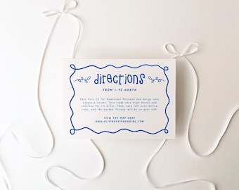 Plantilla de tarjeta de direcciones retro azul, nota de ubicación imprimible dibujada a mano, tarjeta de inserción para boda hippie, tarjeta con detalles boho, BWHIM
