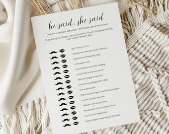 He Said She Said Game Template Minimalist Guess Who Said It Card Printable Unique Bridal Shower Game Simple Boho Bride or Groom Wedding Game