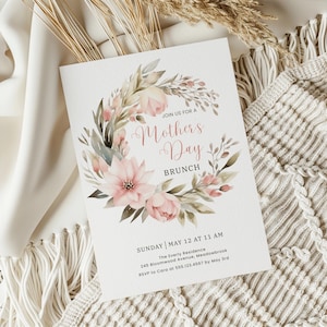 Invitación floral imprimible para fiesta del Día de la Madre, folleto editable para brunch del Día de la Madre en primavera, invitación bohemia para desayuno del Día de la Madre, brunch para mamás con invitación Evite