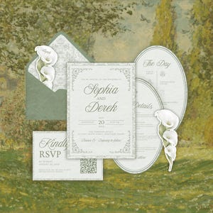 May include: A wedding invitation suite featuring a rectangular card with the names Sophia and Derek, an oval details card, and an RSVP card with a QR code. The stationery is decorated with white calla lily illustrations and ornate borders.