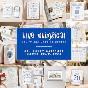 May include: A collection of blue and white wedding stationery templates. The designs include invitations, signage, and a website mockup. The text includes "George & Nicole", "The Night Before", and "Blue Whimsical". The bundle includes 25+ fully editable Canva templates.