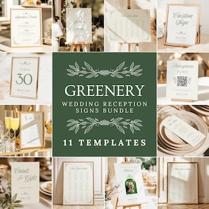 Greenery Hochzeitsschilder Bundle Vintage Empfang Tischschilder Willkommen Poster, Reihenfolge der Ereignisse, Barkarte, Sitzplan Vorlage Canva, GWB01