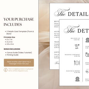 Mockup showing what’s included in the minimalist wedding details card download. The left panel lists two editable card templates (front and back), three size options, and bonus Canva and printing guides. The right showcases both the written info card and icon timeline in a neutral, romantic style.