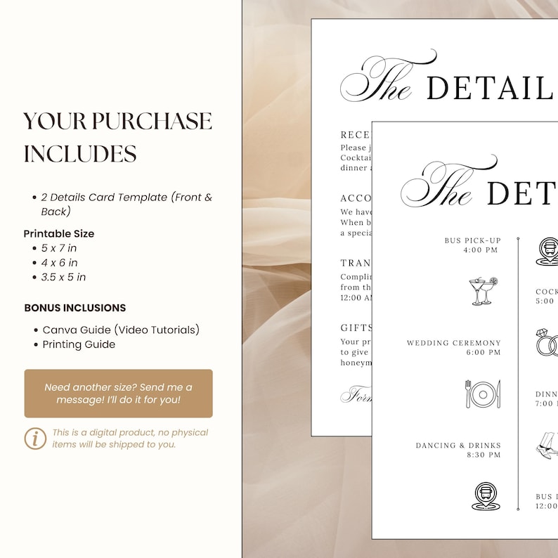 Mockup showing what’s included in the minimalist wedding details card download. The left panel lists two editable card templates (front and back), three size options, and bonus Canva and printing guides. The right showcases both the written info card and icon timeline in a neutral, romantic style.