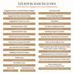Breakdown image listing every template included in the bundle by type and size — covering everything from invitations to reception signage, plus sizes for flat and tented cards. Includes full range from engagement to wedding day.