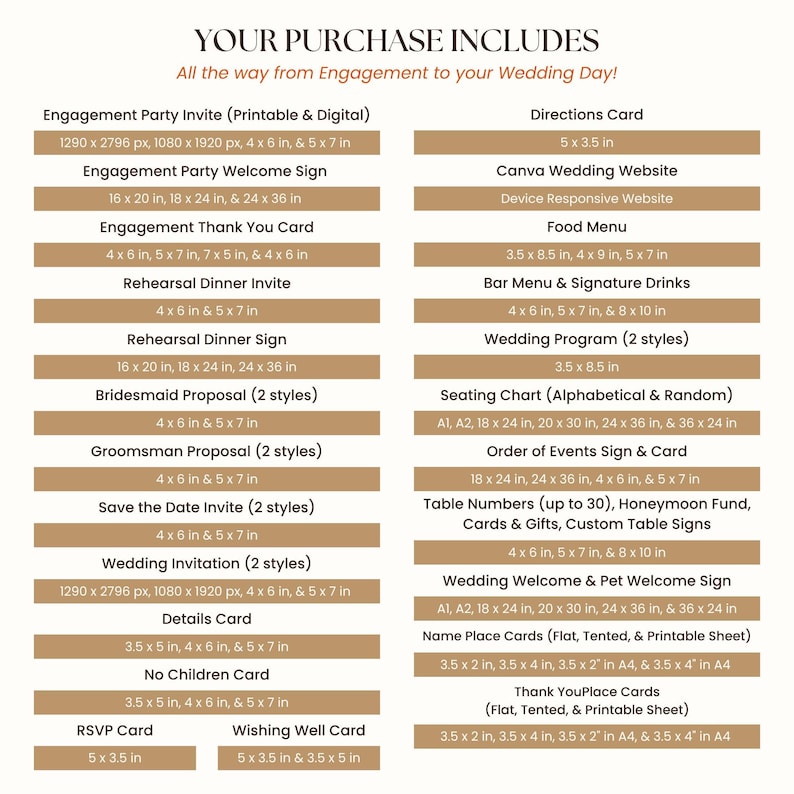 Breakdown image listing every template included in the bundle by type and size — covering everything from invitations to reception signage, plus sizes for flat and tented cards. Includes full range from engagement to wedding day.