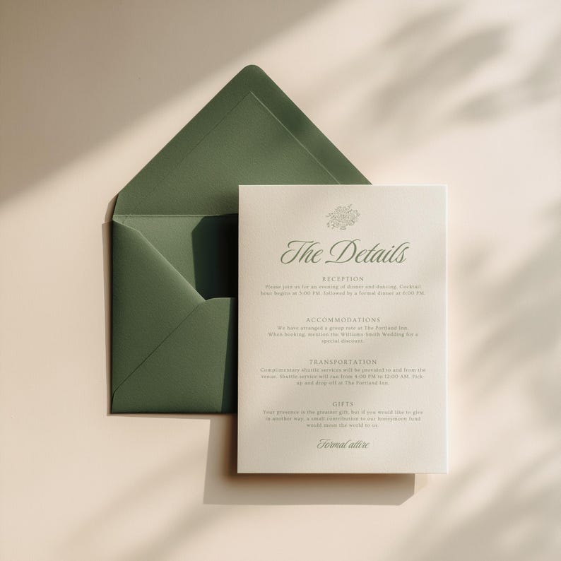 Front-facing wedding information card resting over a deep sage green envelope, showcasing elegant serif fonts and floral emblem, with clear sections for reception, accommodations, transportation, and gift notes.