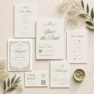The surrounding collage showcases soft green and neutral-toned wedding templates including save the date, rehearsal sign, pet welcome sign, table numbers, and seating chart — all part of the cohesive Canva wedding kit.