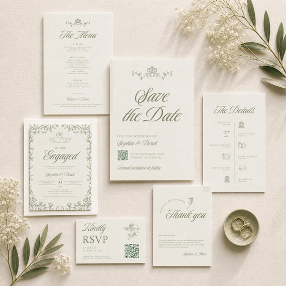 Sage Green Complete Wedding Bundle Templates, Botanical Garden Wedding Stationery Set, All in One Wedding Invitation Kit, Canva Design GWB01