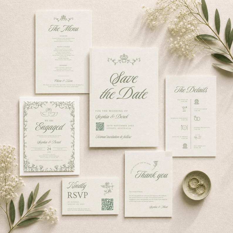 The surrounding collage showcases soft green and neutral-toned wedding templates including save the date, rehearsal sign, pet welcome sign, table numbers, and seating chart — all part of the cohesive Canva wedding kit.