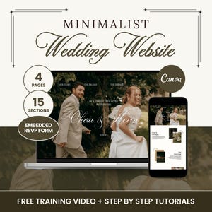 Op de afbeelding: Een minimalistisch website-ontwerp voor een bruiloft, weergegeven op een laptop en een smartphone. Het ontwerp bevat 4 pagina's, 15 secties en een ingebouwd RSVP-formulier. De website toont een foto van een stel en de tekst "Olivia & Kevin".