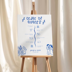 Wedding Order of Events Sign Template, Cute Wedding Day Timeline Signage, Editable Blue Whimsical Wedding Itinerary Card, Canva, BWHIM