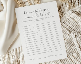 How Well Do You Know The Bride Game Template Printable Minimalist Who Knows the Bride Game Card Editable Modern Bridal Quiz Activity Game
