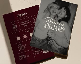 May include: A dark burgundy bridesmaid proposal card featuring white text, a list of wedding party members, color swatches, and a QR code, paired with a black and white photograph card showing two smiling people with the name Veronica Williams printed.