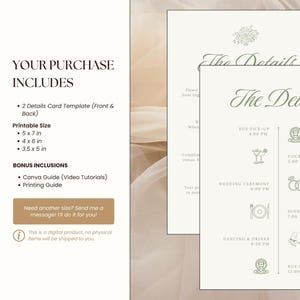 Product listing layout with text panel on the left and sample card previews on the right, outlining included sizes and bonus resources, set against a soft beige tulle background for a romantic aesthetic.