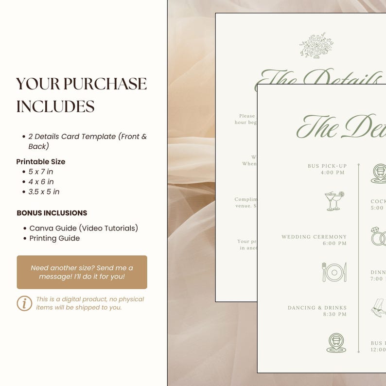 Product listing layout with text panel on the left and sample card previews on the right, outlining included sizes and bonus resources, set against a soft beige tulle background for a romantic aesthetic.