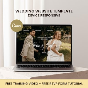 Könnte beinhalten: Ein Laptop zeigt eine Hochzeit Website Vorlage mit dem Text "WEDDING WEBSITE TEMPLATE DEVICE RESPONSIVE". Der Bildschirm zeigt ein Paar und die Worte "Olivia & Kevin". Das Bild enthält auch den Text "FREE TRAINING VIDEO + FREE RSVP FORM TUTORIAL".