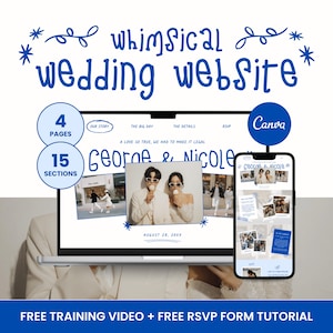 May include: A laptop and smartphone showcase a wedding website design. The website includes photos, the names "George & Nicole", and the date "August 28, 20XX". The design features the text "whimsical wedding website".