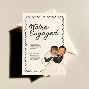 May include: An off-white engagement party invitation card with a black scalloped border. The text reads We're Engaged, You're invited to the engagement party of Jillianne & Jeremiah, 09.14.28, North End Way, London, England, RSVP to Emma at (123) 456-7890.