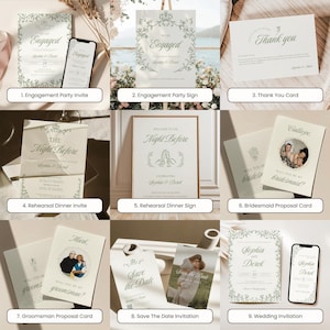 Preview image showing 9 editable Canva wedding templates including wedding invitation, save the date, rehearsal dinner invite and sign, bridesmaid and groomsman proposal cards, thank-you card, and engagement signage — all in a minimalist greenery theme.