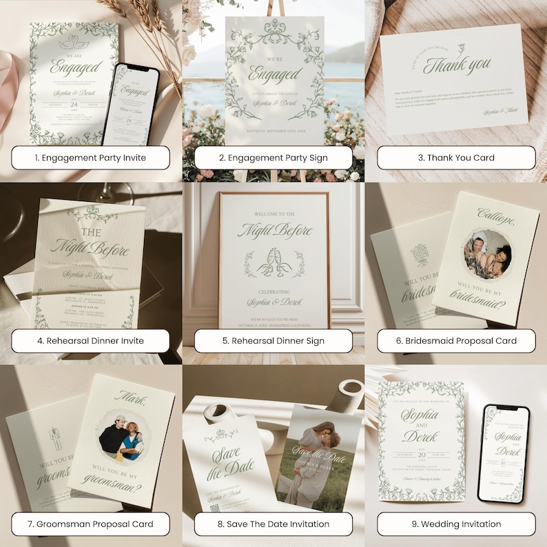 Preview image showing 9 editable Canva wedding templates including wedding invitation, save the date, rehearsal dinner invite and sign, bridesmaid and groomsman proposal cards, thank-you card, and engagement signage — all in a minimalist greenery theme.